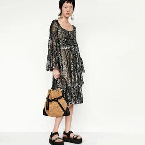 NWT Michael Kors black & silver metallic fibre floral print long sleeve dress 8